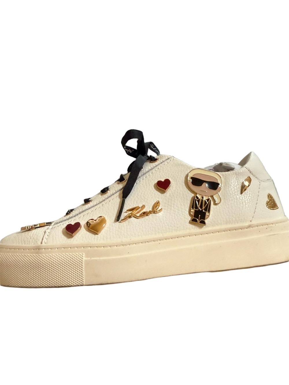 Karl Lagerfeld White Leather Sneaker with Black Laces and Gold & Red Charms - Picture 3 of 9